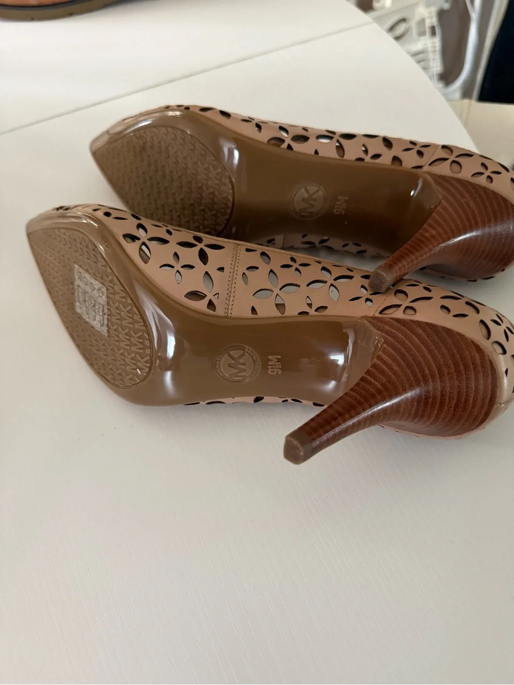 Michael Kors Taupe Laser-Cut Pointed Kitten Heels